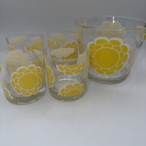 Vintage 70s Colony Glass 3.5" Tumblers & 5" Ice Bucket Sunflower Pattern Set